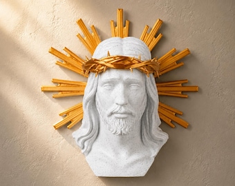 Jesus Christ Bust Sculpture, Sacred Heart Sunburst Wall & Desk Art, Christian Catholic Home Decor, Statue, Baptism Confirmation Faith Gift