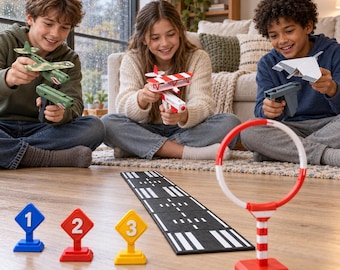 Airplane Launcher Toy Set, 3 Glider Planes with Target Hoop, Runway & Score Markers, Outdoor Flying Game, Aviation Gift