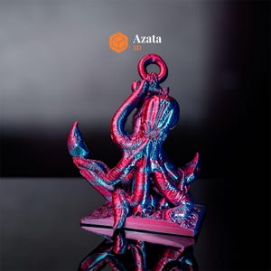 May include: A 3D printed octopus anchor sculpture with a blue and red iridescent finish. The sculpture is on a small base and has a ring at the top.