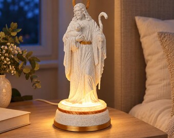 Good Shepherd Statue with Lighted Base, Jesus Holding Lamb Figurine, Christian Home Altar Decor