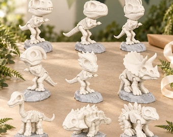 Articulated Dinosaur Skeleton Fossils Figurines, Display Bases and Clear Eggs, Single or 9-Piece Set