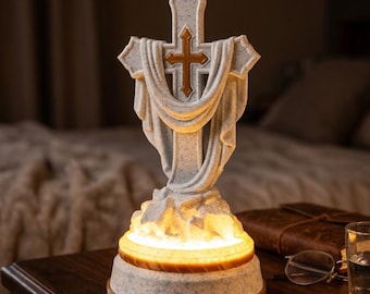 Light Up Cross Statue, Draped Resurrection Cross Lamp, Christian Easter Decor, He Is Risen Religious Gift