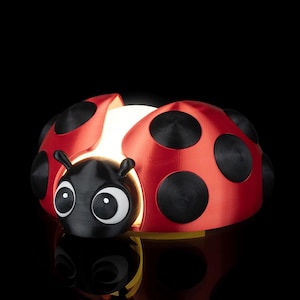 May include: A whimsical ladybug-shaped lamp with a red body and black spots. The lamp features a black head with large, expressive eyes and antennae. The lamp emits a warm, inviting glow, perfect for a child's room or a playful space.