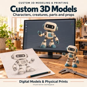 Könnte beinhalten: Ein Computermonitor mit einem 3D-Roboter-Modell, eine Bleistiftskizze desselben Roboters auf Papier und eine kleine physische Roboterfigur auf einem Holztisch. Der Text lautet: Custom 3D Modeling & Printing, Custom 3D Models, Digital Models & Physical Prints.