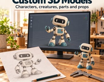 May include: A computer monitor displaying a 3D robot model, a pencil sketch of the same robot on paper, and a small physical robot figurine on a wooden desk. Text reads: Custom 3D Modeling & Printing, Custom 3D Models, Digital Models & Physical Prints.
