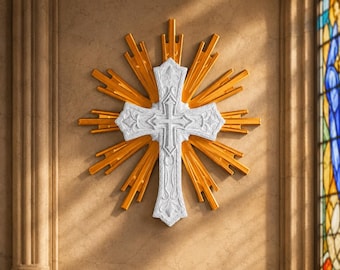 Ornate Christian Wall / Desk Cross, Sunburst Crucifix Decor, Catholic Religious Wall Art, Standing Desk Cross, Faith Baptism Communion Gift