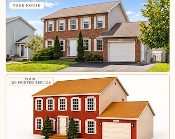May include: A two-part image showing a full-sized two-story brick and beige house labeled Your House and a miniature 3D-printed replica of the same house labeled Your 3D-Printed Replica. The text Your home, recreated. appears at the top.
