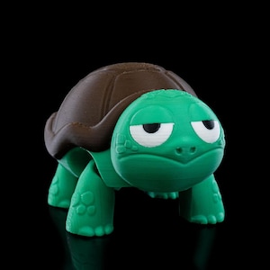 Può includere: Statuetta di tartaruga stampata in 3D, con guscio marrone e corpo verde. La tartaruga ha un'espressione accigliata con occhi bianchi e sopracciglia aggrottate. La statuetta è su sfondo nero.