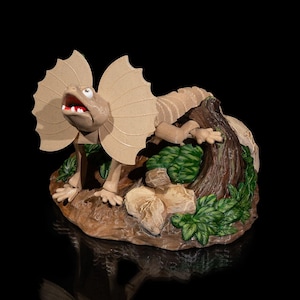 May include: A brown, hand-painted figurine of a frilled lizard perched on a tree stump with green leaves. The lizard has a wide, open mouth and large, frilled ears. The figurine is set on a brown base with rocks and leaves.