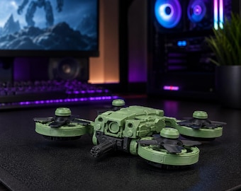 Battle Drone Desk Toy, Articulated Quadcopter Gunship with Spinning Rotors, Cool Sci Fi Fidget Decor, Gift for Him Dad Gamer Boys