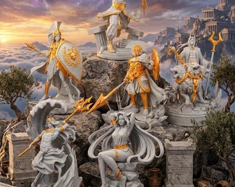 Greek God and Goddess Statues, Zeus Poseidon Hades Athena Aphrodite Ares Figurines, White & Gold Greek Mythology Decor | 10.5 in - 27 cm