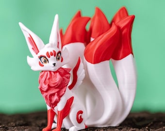 Articulated Nine-Tailed Kitsune Figurine - 3D Printed Cute Mythical Fox Toy, Fantasy Desk Decor Gift for Kids, Anime Fans & Collectors