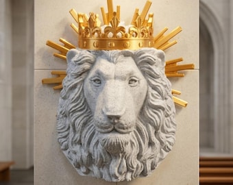 Lion of Judah Wall Desk Art, Crowned Lion Sunburst Sculpture, Christian Catholic Home Decor, Statue, Faith Strength Baptism Mens Gift