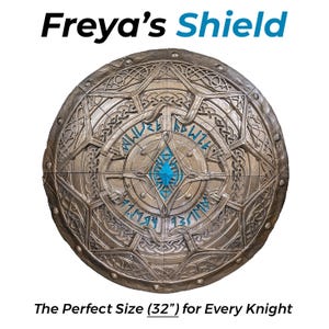 May include: A large, round, metallic shield with intricate carvings and runes. The shield is 32 inches in diameter and has a blue center with a star-like design.
