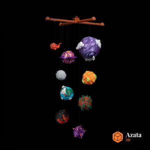 May include: A colourful mobile with planets of different colours and textures, including a purple planet with clouds, a green planet with brown spots, and a red planet with flames. The planets are suspended from a wooden frame.