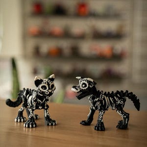 Articulated Cat & Dog Skeleton Decor | Day of The Dead | Black Resin Stading Kitten and Doggy Skull Figurines | Gothic Farmhouse Desk Decor