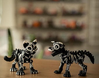 Decoración de esqueleto articulado de gato y perro / Día de Muertos / Figuras de calavera de gatito y perro de resina negra / Decoración de escritorio de estilo rústico gótico