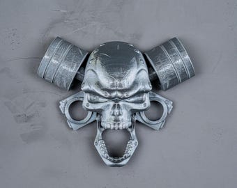 Piston Skull Bottle Opener - Chrome Metallic Skull with Engine Pistons, Mechanic Gift, Biker Bar Tool, Car Enthusiast Keychain Accessory