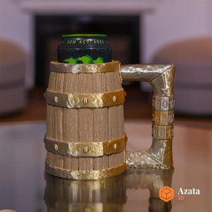 a beer mug made out of a wooden barrel