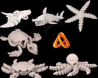 Articulated Skeleton Sea Creatures, Flexi Shark Octopus Turtle Fidget Toy, Spooky Ocean Desk Decor, Halloween Gift, Sensory Toy