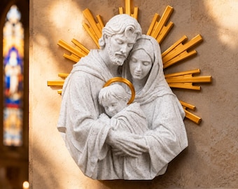 Holy Family Statue, Jesus Mary Joseph Sunburst Wall Desk Art, Catholic Christian Home Decor, Sculpture, Wedding Baptism Anniversary Gift
