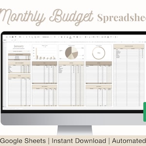 Könnte beinhalten: Ein Computerbildschirm zeigt eine Google Sheets-Tabelle mit dem Titel "Monthly Budget Spreadsheet" mit einem Diagramm und einem Kreisdiagramm. Die Tabelle soll Benutzern helfen, ihre monatlichen Einnahmen und Ausgaben zu verfolgen. Der Text "Google Sheets | Instant Download | Automated" wird unter dem Computerbildschirm angezeigt.