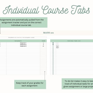 May include: A printable planner page with a green background and white text. The page is divided into two sections. The left section is labelled "MATH 101" and has a table for tracking assignments and grades. The right section is labelled "Individual Tasks List" and has a checklist for tracking tasks. The text at the bottom of the page reads "Keep track of your grades for each assignment" and "To-do list makes it easy to keep track of individual tasks for any given assignment or large project."