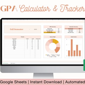 Calculadora de GPA para Google Sheets, Rastreador de calificaciones, Planificador académico, Planificador de estudiantes, Calculadora de calificaciones