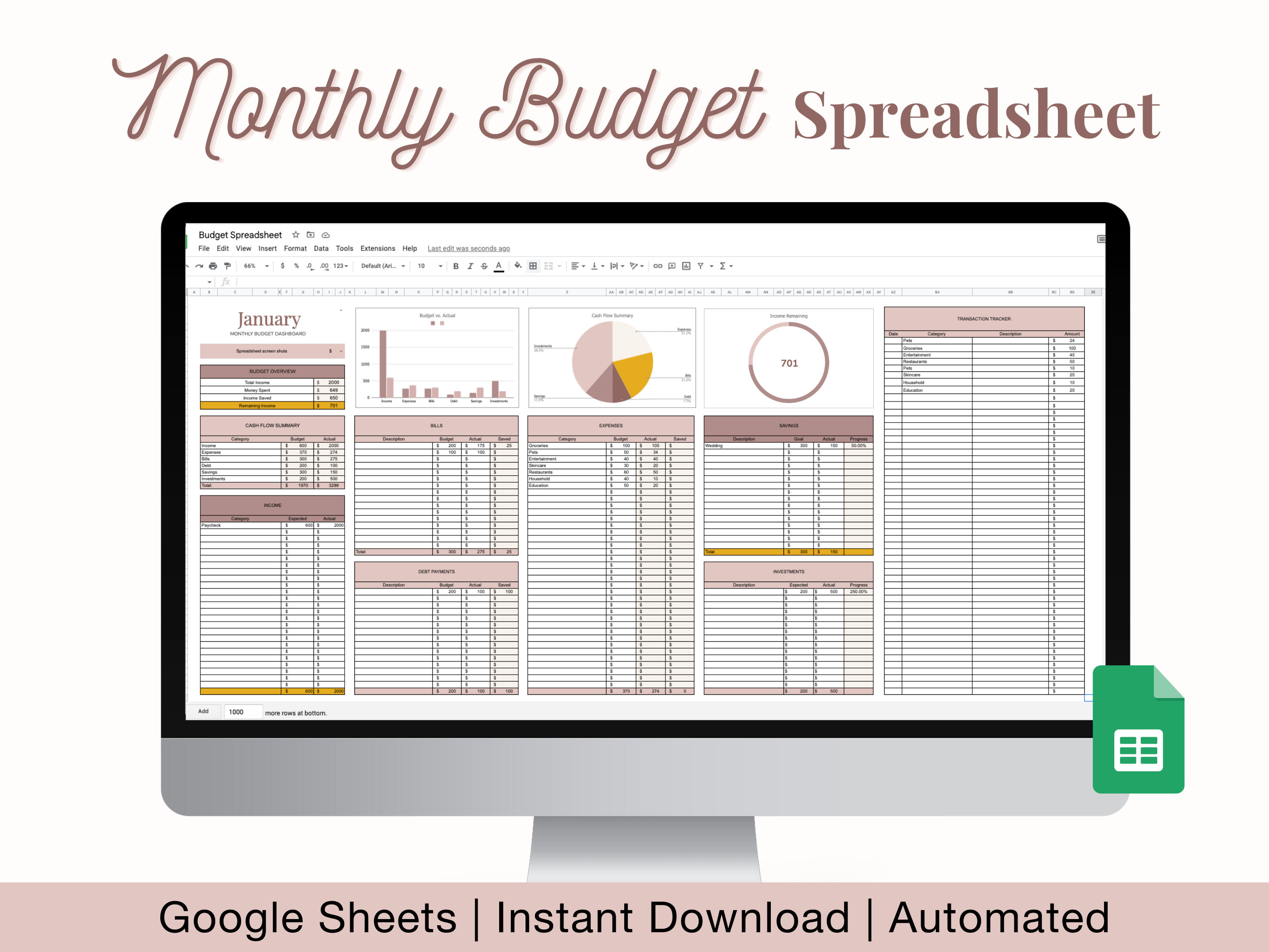 Monthly Budget Planner for Google Sheets, Budget Spreadsheet, Expense ...