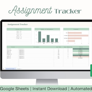 Può includere: Uno schermo di computer che mostra un foglio di calcolo di Google Sheets con uno schema di colori verde e bianco. Il foglio di calcolo è intitolato "Assignment Tracker" e include un elenco di corsi, compiti, date di scadenza, giorni rimanenti e stato. Il foglio di calcolo include anche un grafico a barre che mostra il numero di compiti per ogni corso.