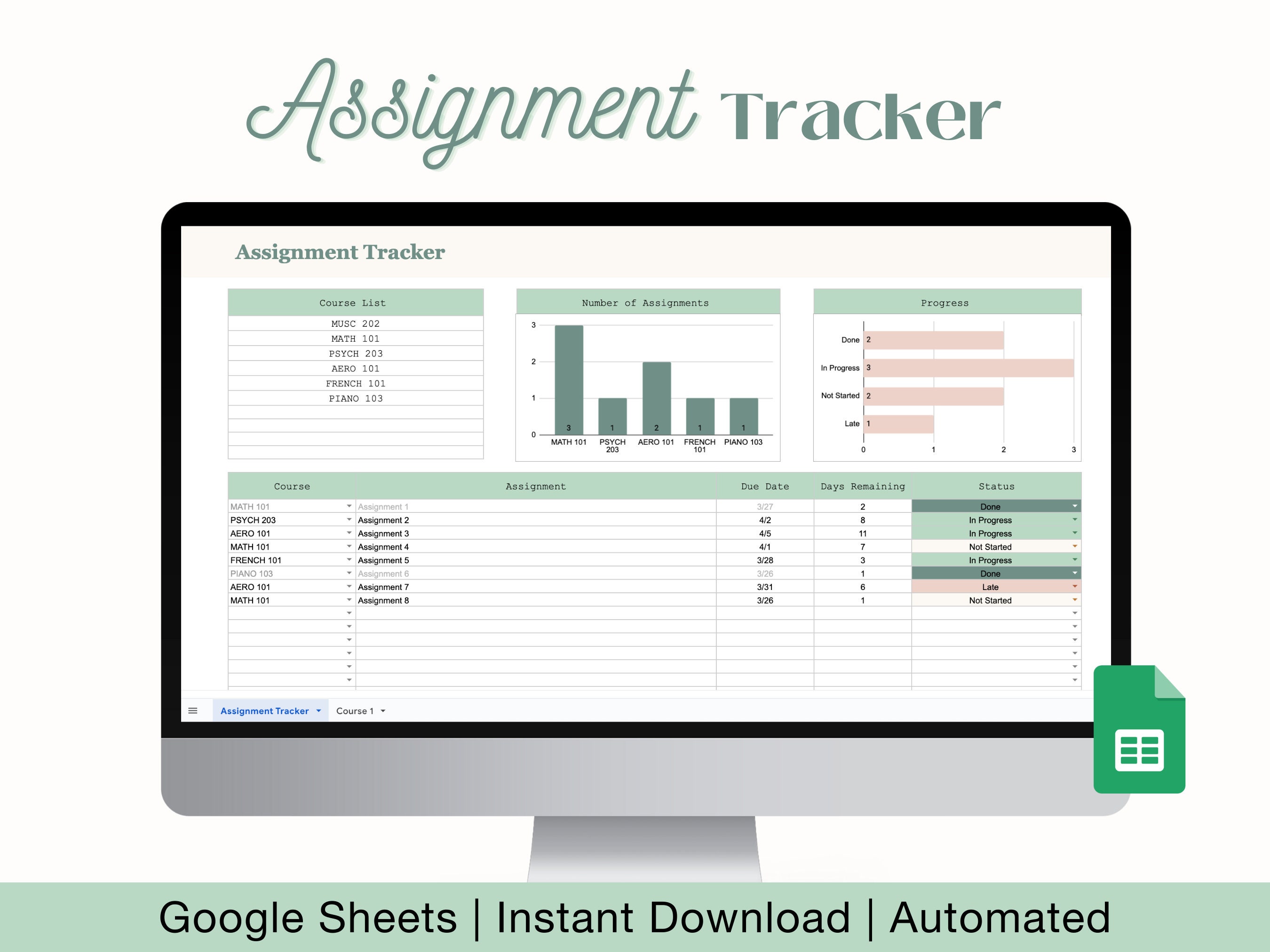 Aufgaben-Tracker für Google Sheets, Schüler-Planer, Akademischer Planer, High-School- und College-Planer, Aufgaben-Checkliste, Noten-Tracker