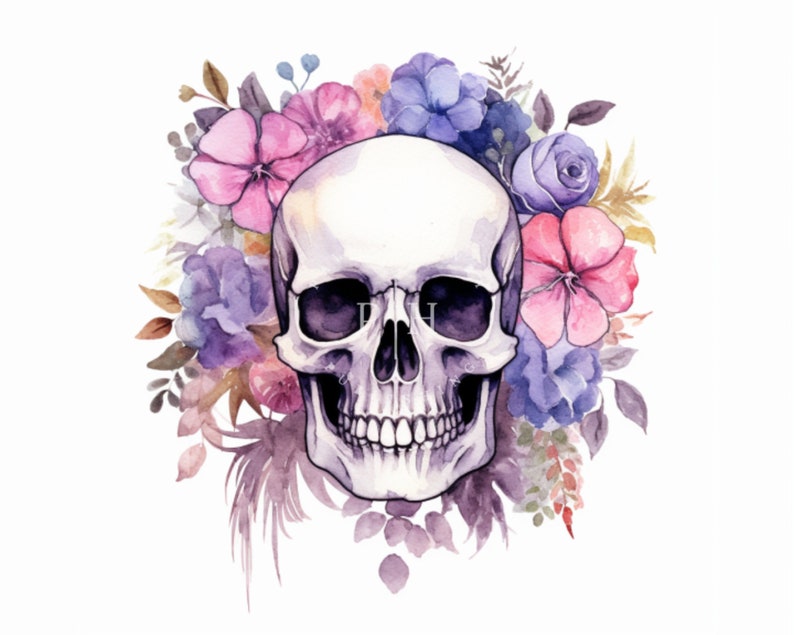 Watercolor Floral Skull Clip Art Bundle Digital Downloads Watercolor ...
