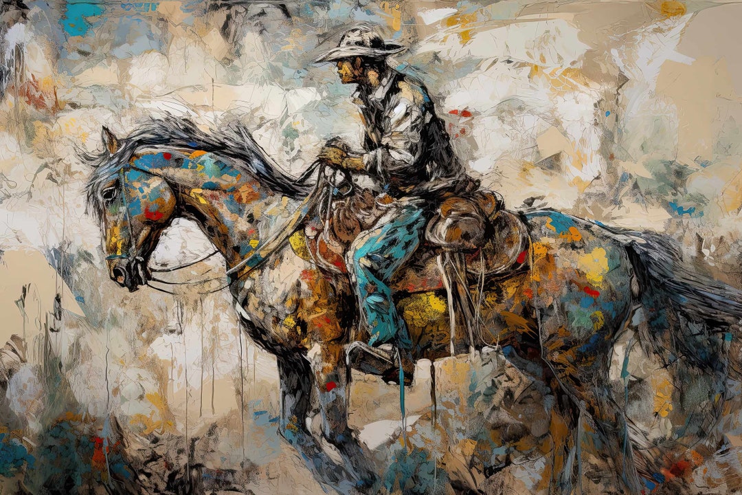 Cowboy on Horse_2 Jackson Pollock Inspired Art Printed on Etsy