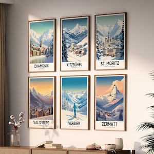 6 Retro European Ski Resort Travel Posters | Mountain Wall Art | Vintage Poster | Ski Wall Art | Digital Download PRINTABLE Wall Art Set