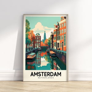 Retro Amsterdam Reiseplakat | Vintage Stadt Kunst | Bunter Reise-Druck | Europa Poster | Digital Download DRUCKBARE Retro Wandkunst