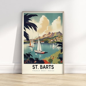 Poster di viaggio retrò di St. Barts / Arte tropicale / Arte retrò colorata / Poster vintage / Arredamento di viaggio / Download digitale Stampa di viaggio STAMPABILE