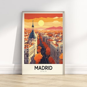 Retro Madrid Reiseplakat | Vintage Stadt Kunst | Bunter Reise-Druck | Europa Poster | Digital Download DRUCKBARE Retro Wandkunst