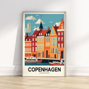 Affiche de voyage rétro de Copenhague | Art urbain vintage | Impression de voyage colorée | Impressions européennes | Art mural rétro imprimable en téléchargement numérique