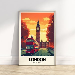 Retro London Reiseplakat | Vintage Stadt Kunst | Bunter Reise-Druck | Europa Poster | Digital Download DRUCKBARE Retro Wandkunst