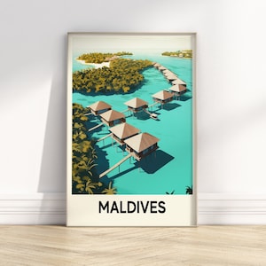 Poster di viaggio retrò delle Maldive / Arte tropicale / Arte retrò colorata / Poster vintage / Arredamento di viaggio / Download digitale Stampa di viaggio STAMPABILE