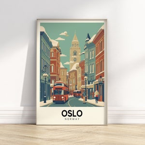 affiche de voyage rétro d'Oslo | Art urbain vintage | Impression de voyage colorée | Impression de la ville | Impressions européennes | Art mural rétro imprimable en téléchargement numérique