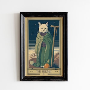 Le chat de carte de tarot de l'ermite | Art mural bohème | Art mural sorcière | Art mural chat | Cadeau tarot pour amoureux des chats | Tarot du chat imprimable en téléchargement numérique