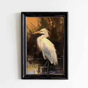 Egret Vintage Wall Art Print | Bird Wall Art | Farmhouse Wall Art | Cottagecore Art | Digital Download PRINTABLE Rustic Wall Art