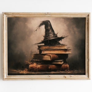 Hexenhut auf Bücher Rustikaler Halloween Print Gruselige Wandkunst Witchy Wandkunst Halloween Kunst Digitaler Download DRUCKBARE Vintage Wandkunst Bild 1