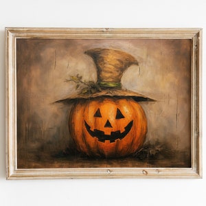 Jack O Lantern With Hat Halloween Print | Spooky Wall Art | Pumpkin Wall Art | Halloween Art | Digital Download PRINTABLE Vintage Wall Art