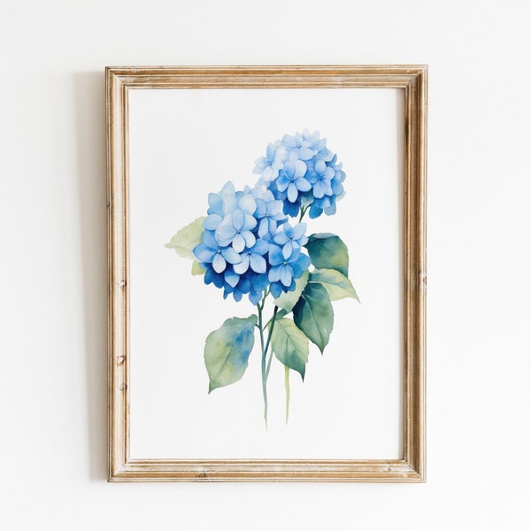 Blue Hydrangea Watercolor Print | Minimalist Botanical Wall Art | Colorful Floral Wall Decor | Digital Download PRINTABLE Flower Wall Art