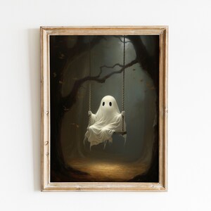 Cute Ghost on a Swing Halloween Print | Spooky Wall Art | Halloween Wall Art | Moody Wall Art | Digital Download PRINTABLE Ghost Wall Art