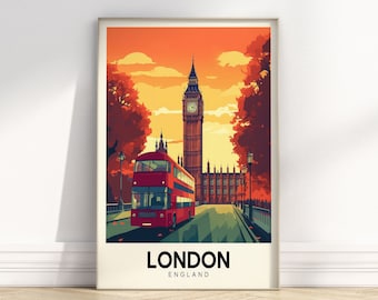 Poster di viaggio retrò di Londra / Arte della città vintage / Stampa di viaggio colorata / Stampe europee / Download digitale STAMPABILE Arte da parete retrò