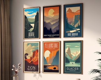 Set of 6 Vintage National Park Posters | Retro Vintage National Park Prints | National Park Gift | Digital Download PRINTABLE Travel Posters