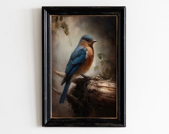 Vintage Bluebird Bird Print | Antique Bird Wall Art | Moody Vintage Decor | Living Room Art | Digital Download PRINTABLE Oil Painting